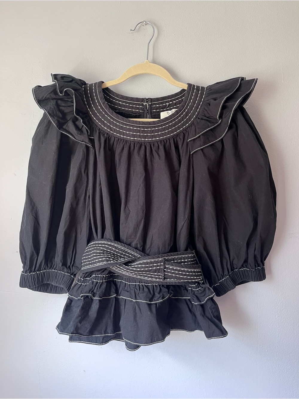 Sea New York Black Ruffle Blouse with Tie Waist